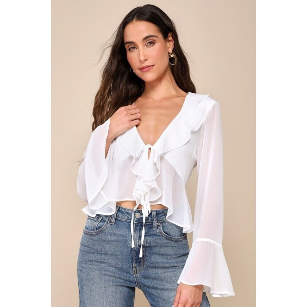 Lulus Thriving Flirt White Chiffon Ruffled Long Sleeve Tie-front Top - Size L